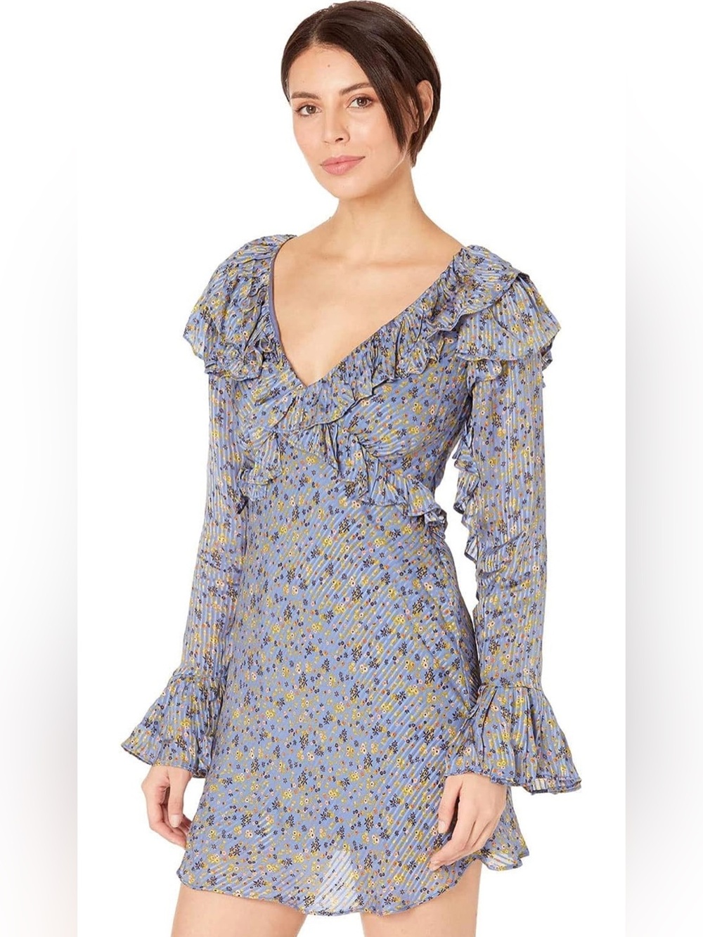 Free People Long Sleeve Empire Mini Dress Blue Size 2